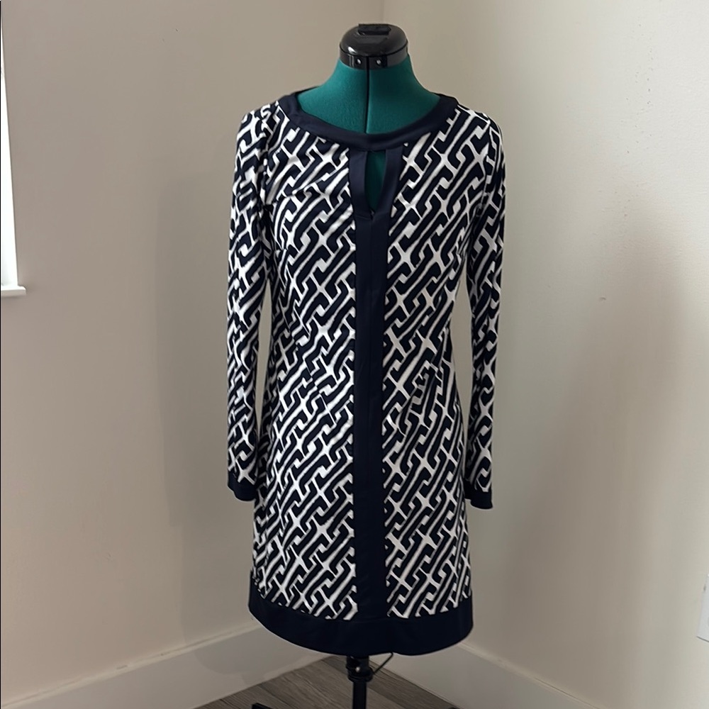 INC Navy and White Patterned Dress Size6